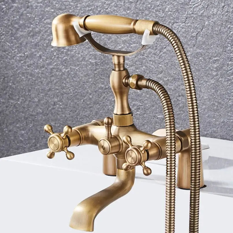 Antique chrome bathtub shower mixer faucet tap set with three cross-handle knobs and flexible shower hose by decorbites