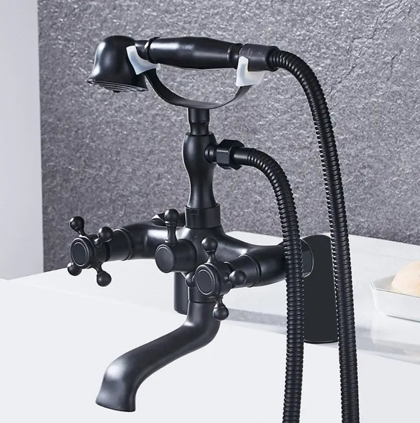 Black matte vintage-style bathtub shower mixer faucet with three cross handles and flexible hose for chrome bathtub shower use