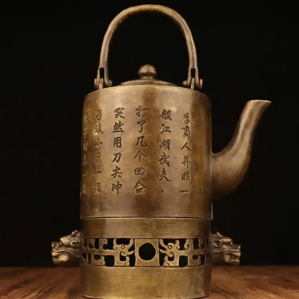 Antique brass warm wine pot with engraved chinese characters and dragon-head handles from decorbites™ collection