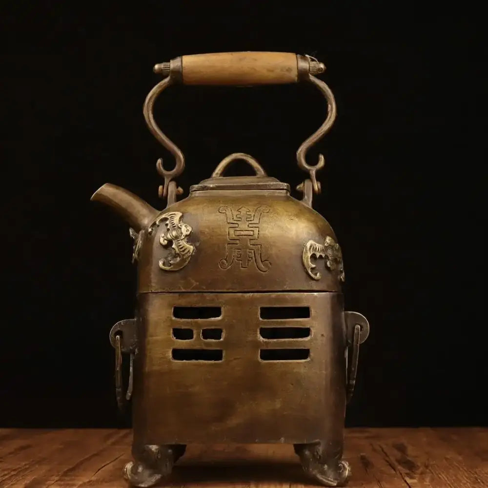DecorBites antique brass tea kettle with ornate dragon motifs and wooden handle ideal for warm wine pots use