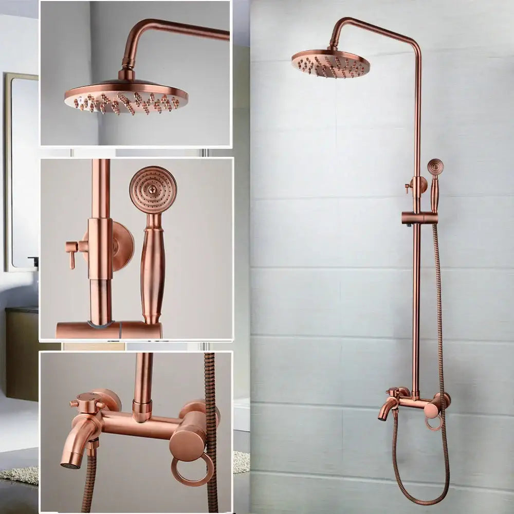 Decorbites antique copper shower set with rose gold finish, round rainhead, hand shower, and wall-mounted faucet assembly