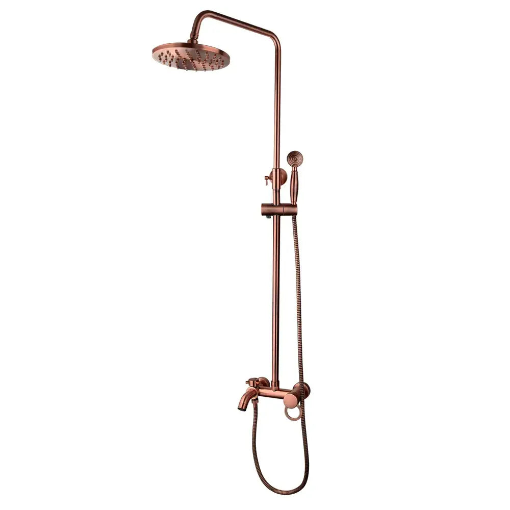 DecorBites™ antique copper shower set with round rainhead hand shower and adjustable vertical bar in copper finish