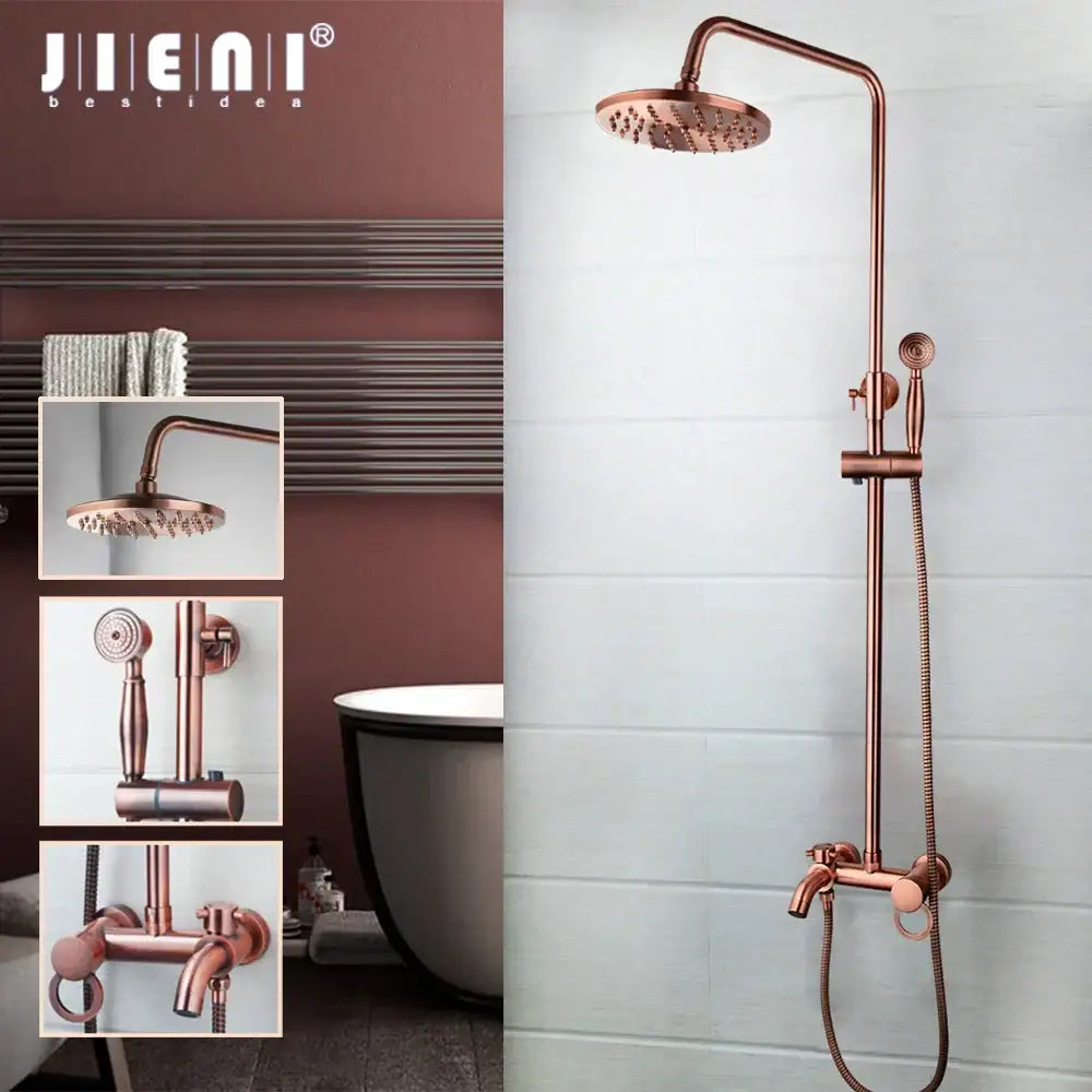 Rose gold finished jienai shower set with antique copper hand shower and overhead rainfall rainhead in sleek design