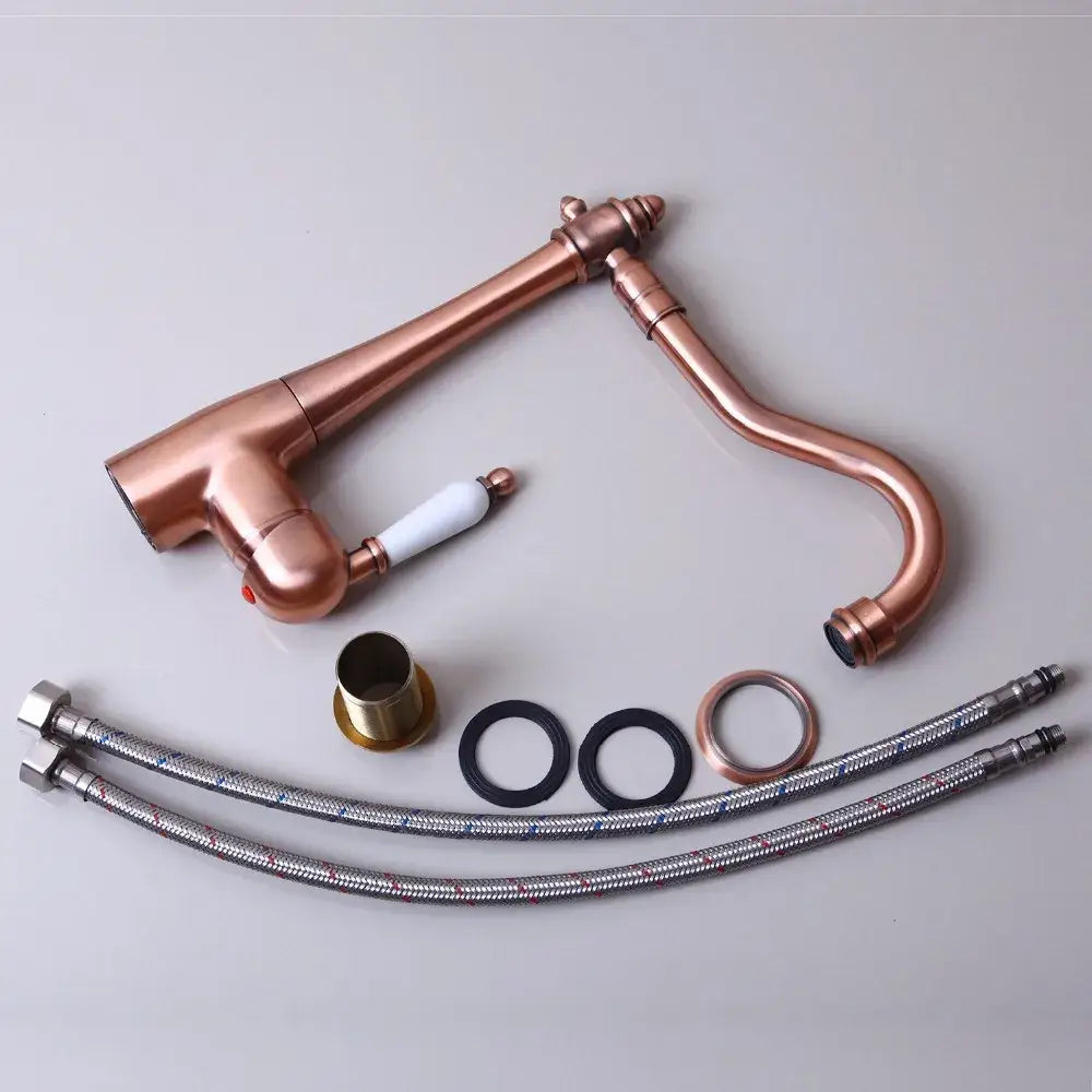 DecorBites™ antique copper basin mixer tap with ceramic handle copper finish and flexible braided metal hoses