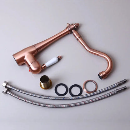 DecorBites™ antique copper basin mixer tap with ceramic handle copper finish and flexible braided metal hoses