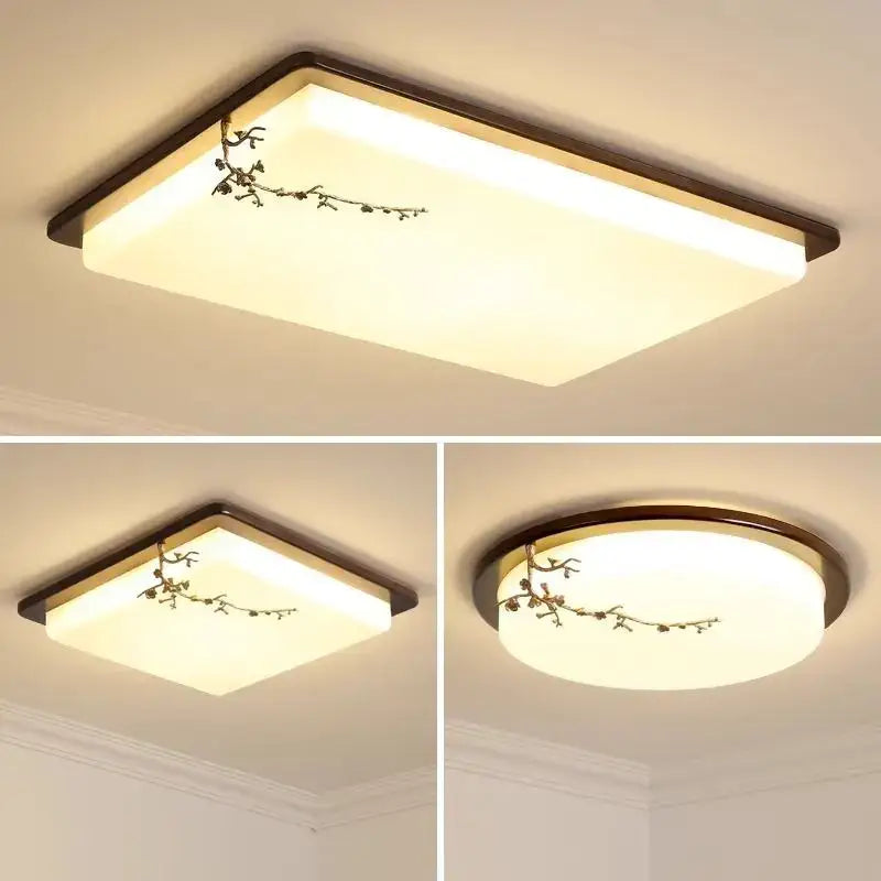 Decorbites™ antique copper led ceiling light featuring rectangular and circular warm glow panels with branch and blossom design