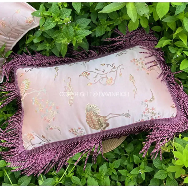 Rectangular pink pillow case with antique crane floral jacquard embroidery and purple fringe by decorbites