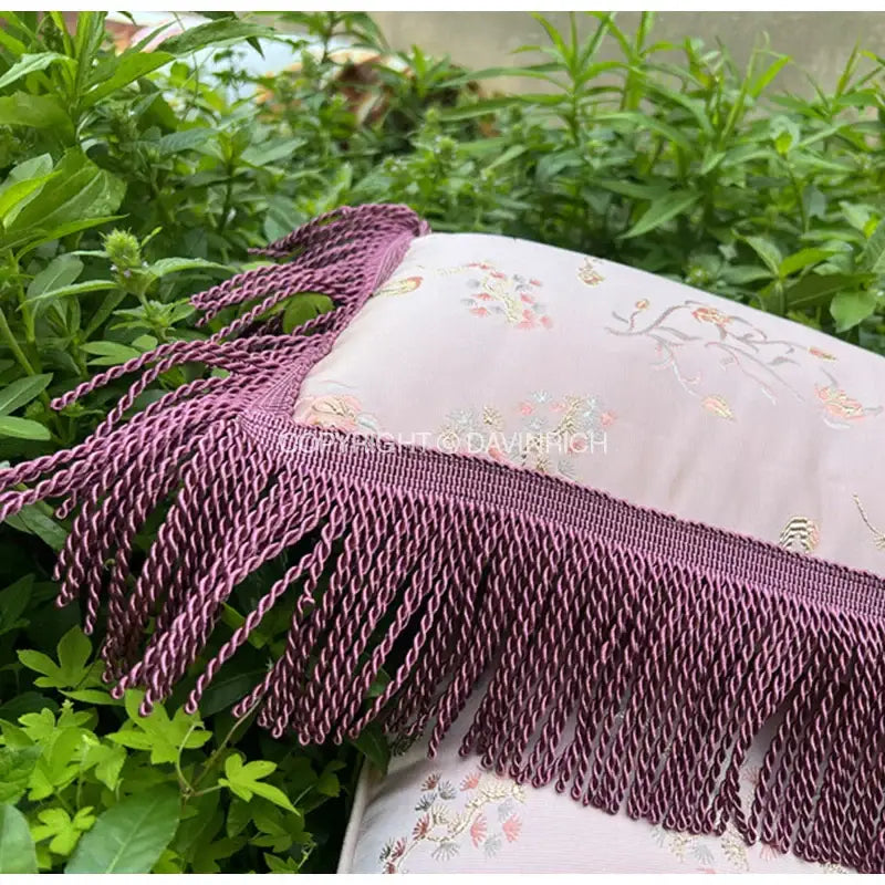 DecorBites™ antique crane floral jacquard pillow case in lavender with intricate embroidery and purple twisted fringe trim