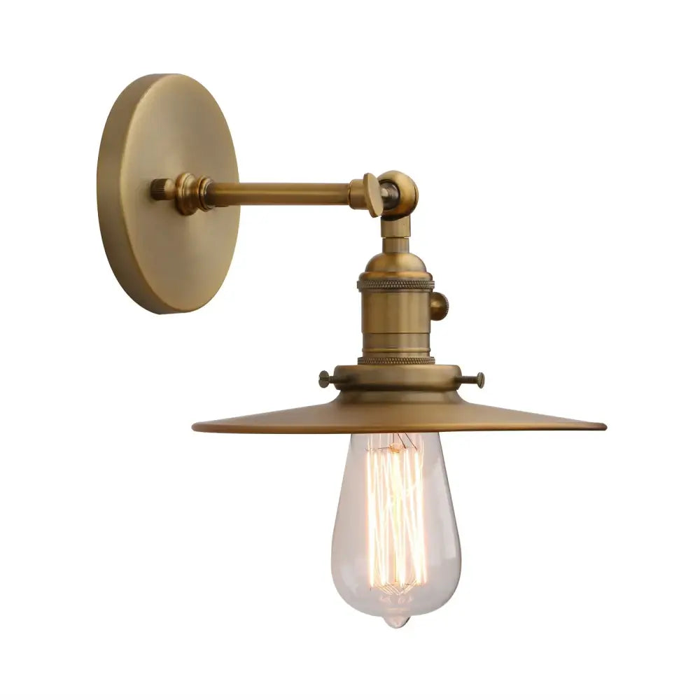 DecorBites antique finish industrial wall sconce with brass construction, clear filament bulb, wide flat shade, and on/off button