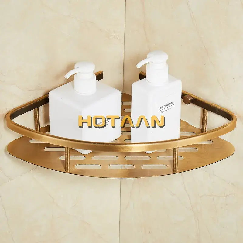Brass corner shower caddy with slotted design holding two white pump bottles from decorbites antique finish aluminum shower basket holder