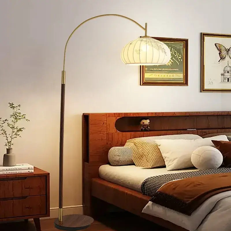 DecorBites antique fishing floor lamp with golden arched frame and translucent ribbed paper shade for living spaces