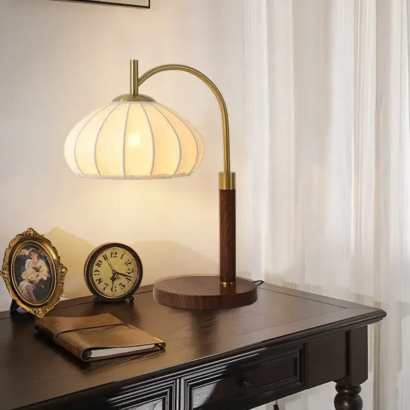 Decorbites™ antique fishing floor lamp with warm-toned brass and wood base and segmented translucent glass shade