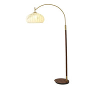 DecorBites™ antique fishing floor lamp with warm brass arch, dark wood base, and floral paper shade for living room