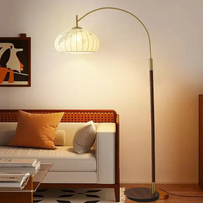 Decorbites antique fishing floor lamp with warm-toned arched paper shade and brass frame for living room or study