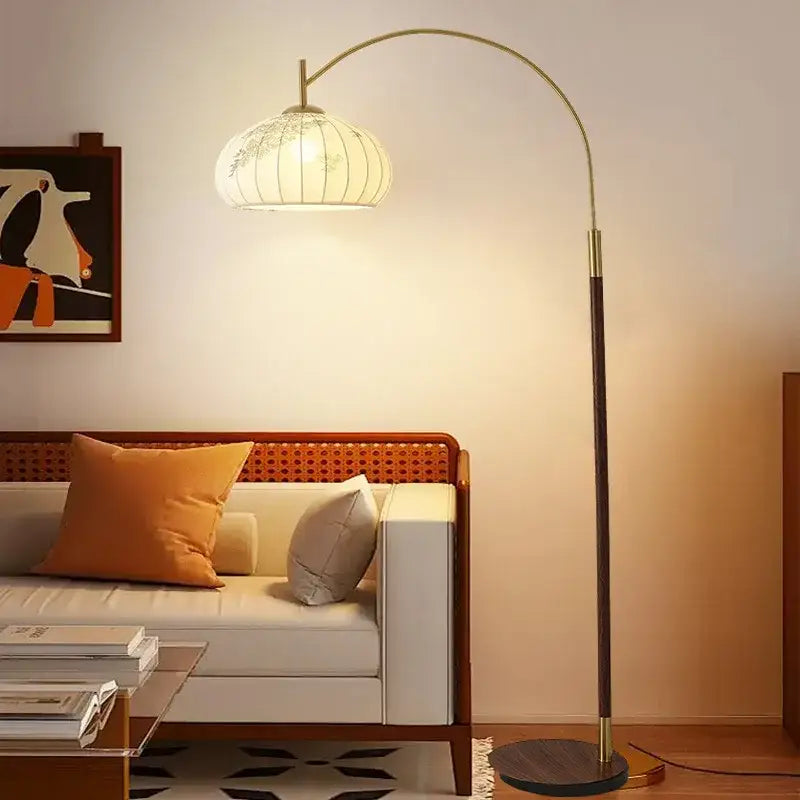 Decorbites antique fishing floor lamp with warm-toned arched paper shade and brass frame for living room or study