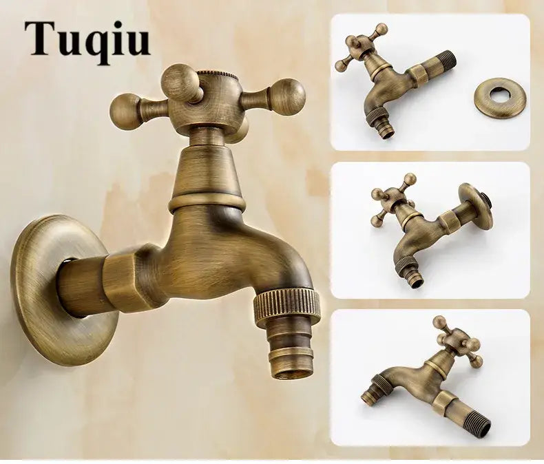 DecorBites antique garden bibcocks brass wall-mounted vintage-style faucet with cross handle for outdoor washing