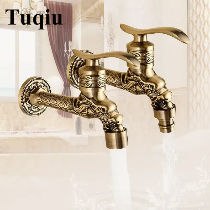 Antique garden bibcocks tap in brass finish with intricate dragon head design for outdoor washing and bathroom use