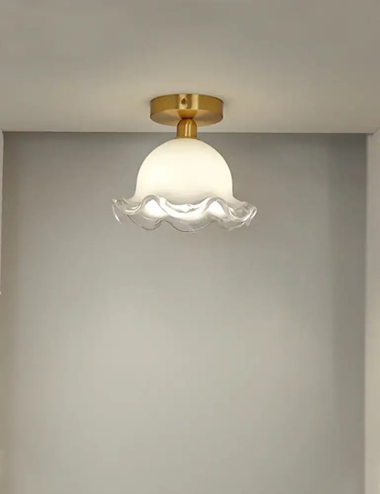 DecorBites antique glass ceiling light with white glass pendant, gold-toned brass base, and scalloped edge design