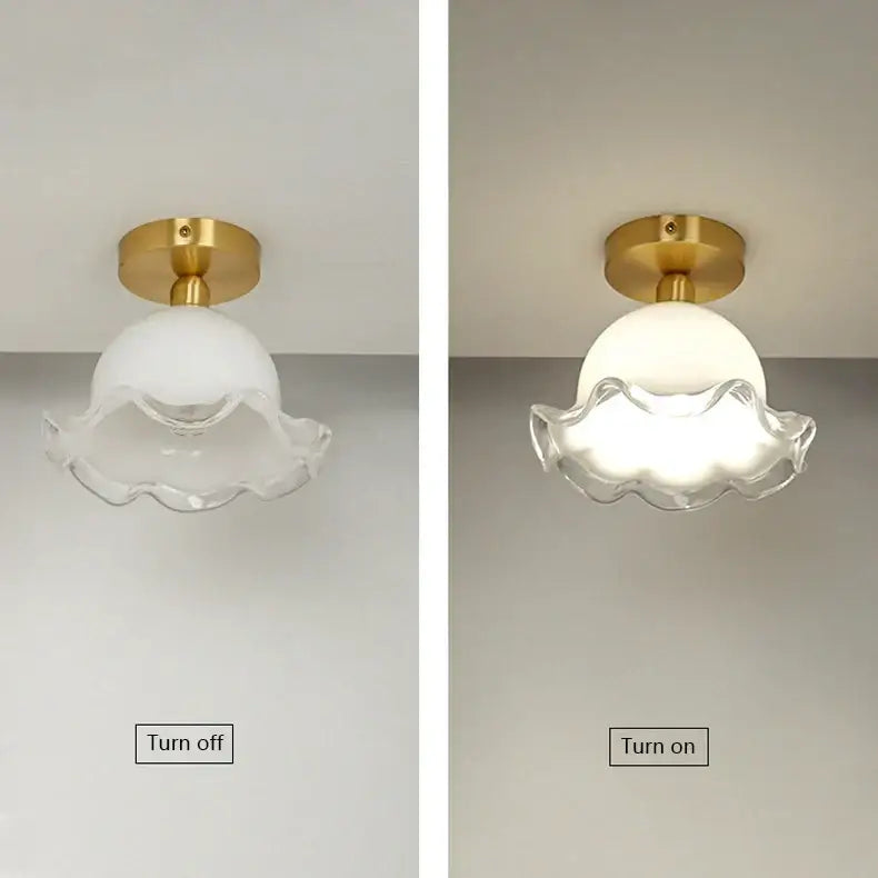 DecorBites™ antique glass ceiling light with delicate translucent scalloped glass and gold-toned brass base