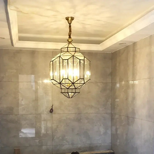 Decorbites antique glass pendant light featuring a geometric brass and copper vintage glass pendant design