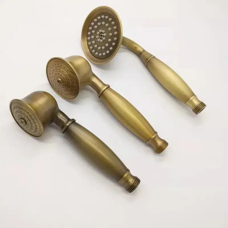 DecorBites™ antique gold handheld shower head set with holder and plumbing hose featuring three brass-finished spray patterns