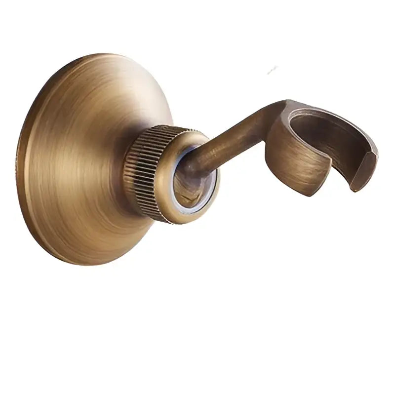 Antique brass wall-mounted curtain rod holder with brushed finish and curved hook for DecorBites™ antique gold handheld shower head