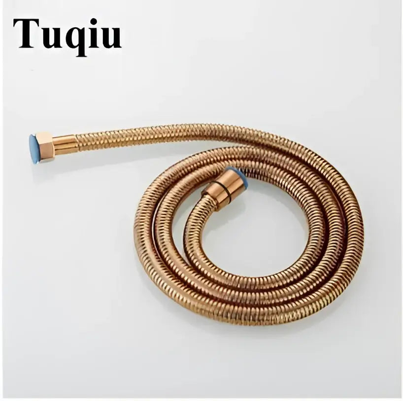 Decorbites™ antique gold handheld shower head with copper-colored flexible braided metal hose and blue-tipped connectors