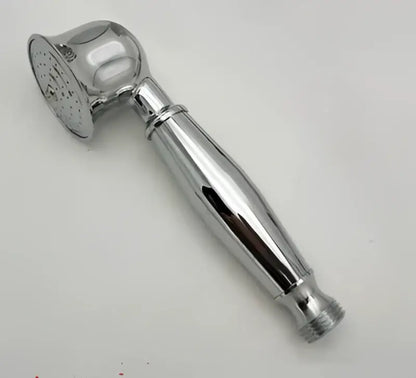 Chrome finished handheld shower head with sleek elongated handle and perforated spray face for antique gold DecorBites use