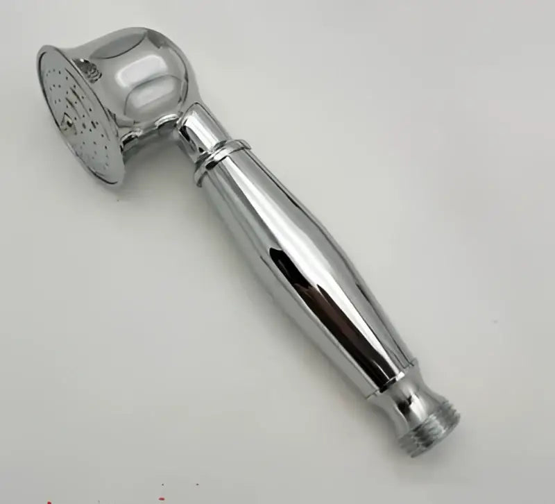 Chrome finished handheld shower head with sleek elongated handle and perforated spray face for antique gold DecorBites use
