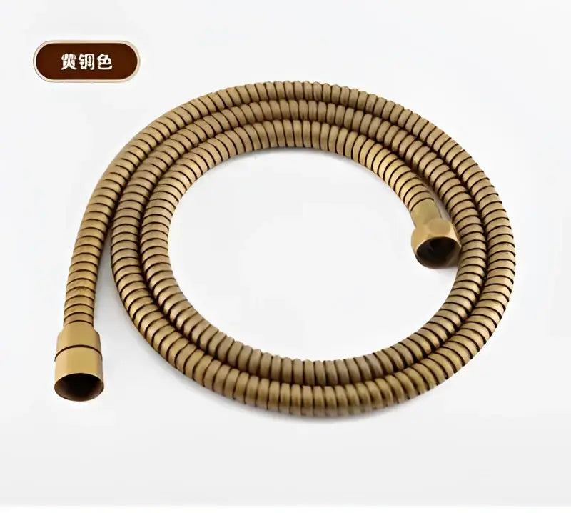 Yellow gold flexible ribbed hose with brass fittings for DecorBites™ antique gold handheld shower head and holder