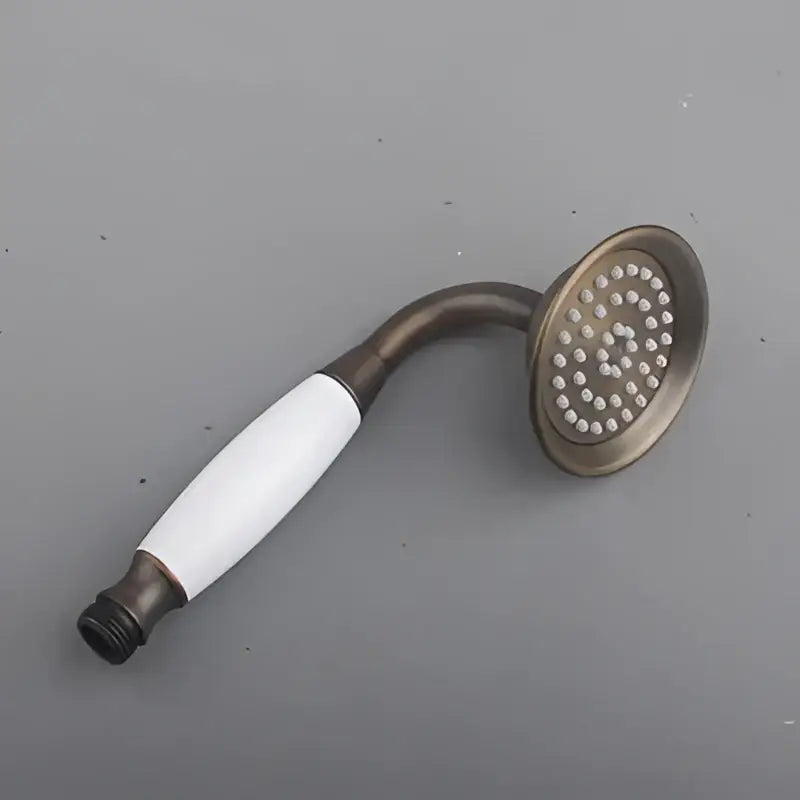 Decorbites™ antique gold handheld shower head with antique brass circular spray face and white ceramic handle