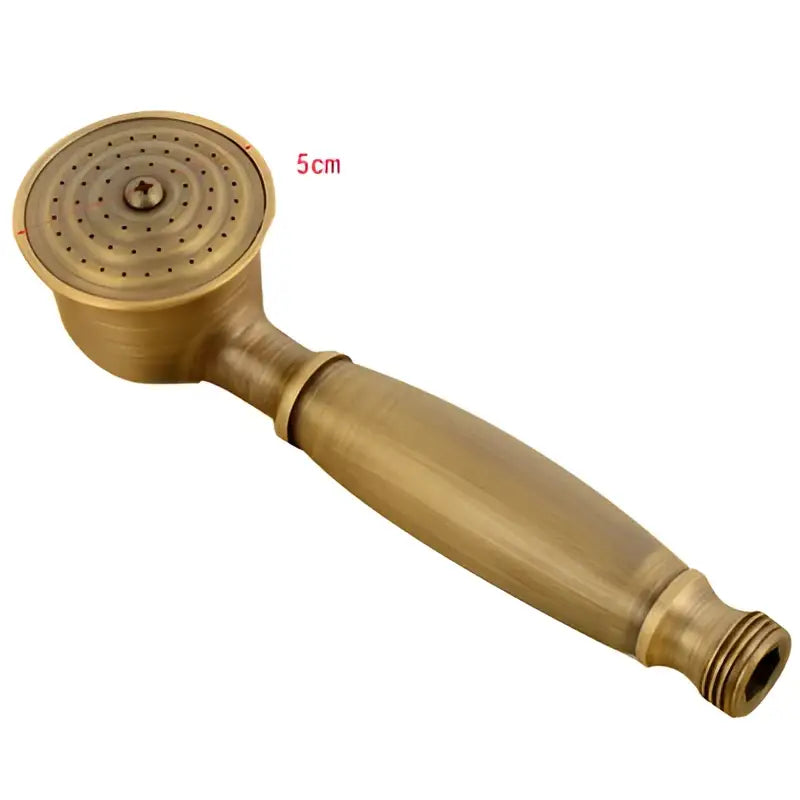 Brass-colored decorbites antique gold handheld shower head with circular spray face and textured handle