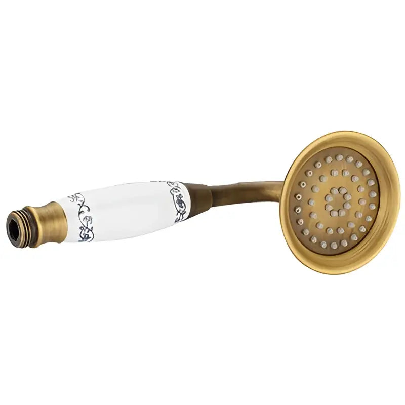 Decorbites antique gold handheld shower head with holder features antique brass and white ceramic with ornate black detailing