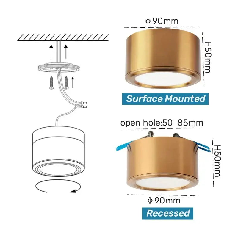 Decorbites antique gold led cylindrical ceiling downlight 90mm diameter 150mm height for retro home lighting