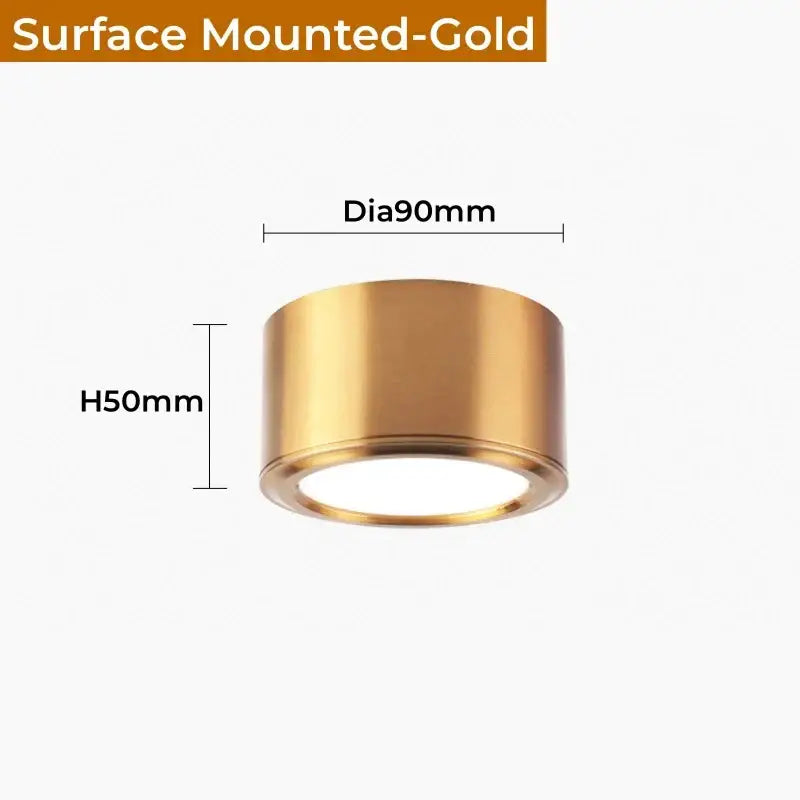 DecorBites antique gold led surface-mounted ceiling downlight with gold cylindrical metallic finish 90mm diameter