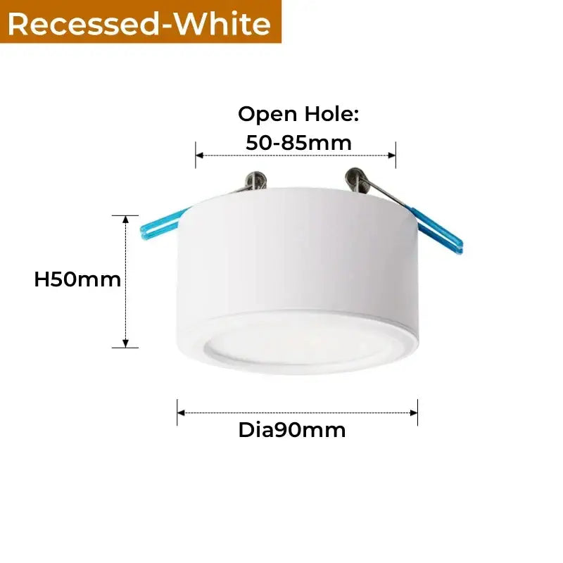 Recessed white led ceiling light with cylindrical housing and blue clips for decorbites antique gold led retro lighting