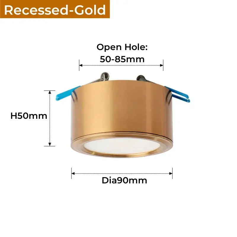 Recessed decorbites antique gold led ceiling downlight with cylindrical brass finish and integrated mounting clips