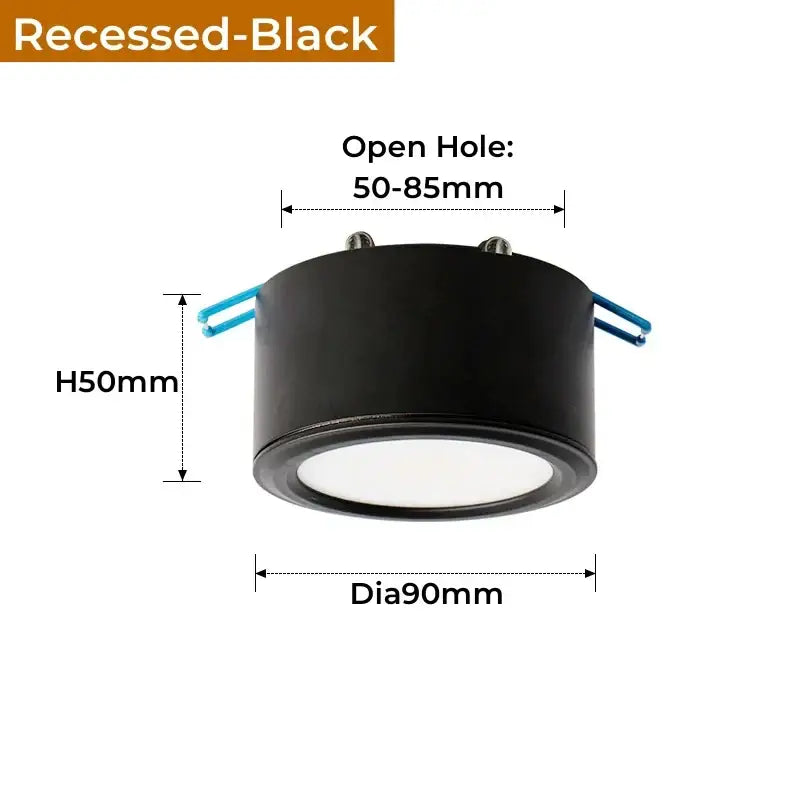 Black recessed ceiling light with circular matte housing and blue brackets for decorbites antique gold led downlights