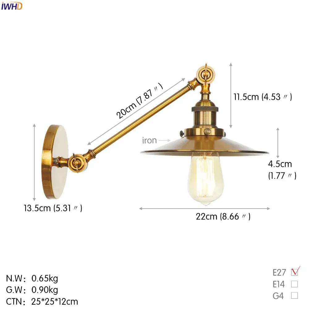 Brass-finished decorbites antique gold wall lamp with curved arm and wide shallow shade for vintage bedroom loft lighting
