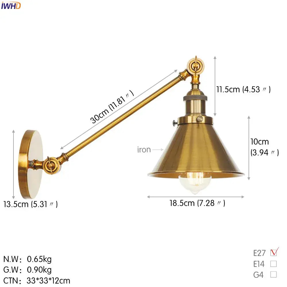 Decorbites antique gold wall lamp with brass finish long articulated arm and conical shade for industrial loft lighting