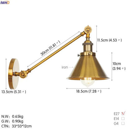 DecorBites antique gold wall lamp with brass finish, long articulated arm, and conical shade for industrial decor