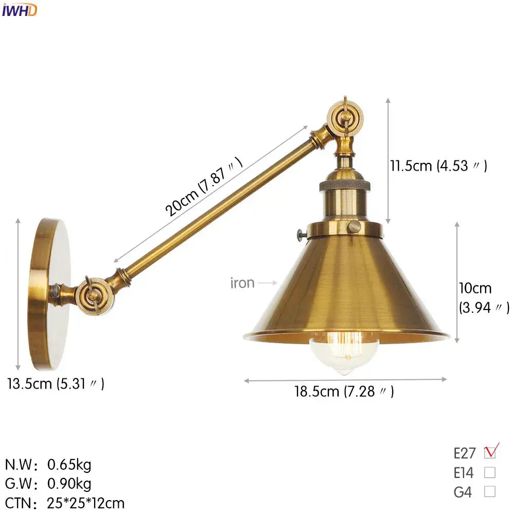 Decorbites antique gold wall lamp in brass finish with adjustable arm and conical shade for vintage loft lighting
