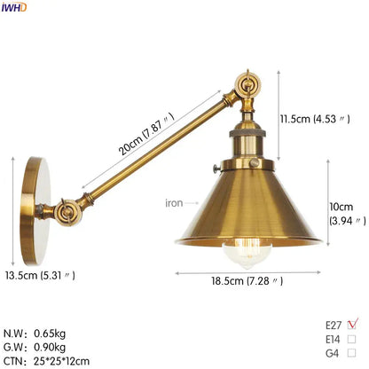 Decorbites antique gold wall lamp in brass finish with adjustable arm and conical shade for vintage loft lighting
