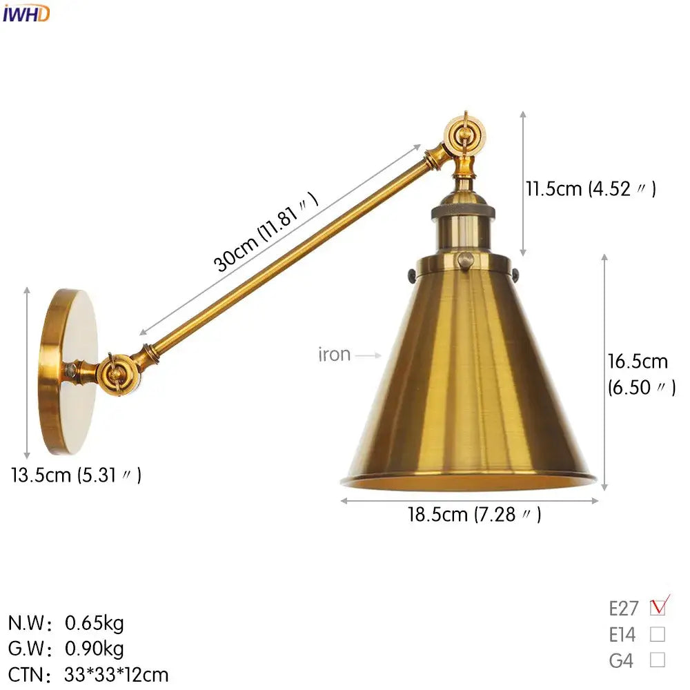 DecorBites antique gold brass-finished wall lamp with conical shade and adjustable arm for vintage bedroom lighting