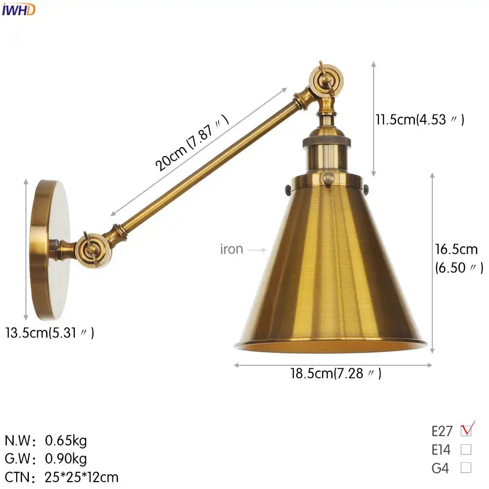 Brass-finished decorbites antique gold wall lamp with conical shade and adjustable arm for vintage industrial lighting