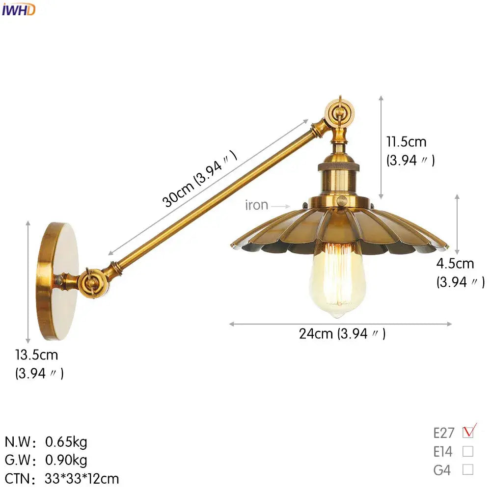 Decorbites antique gold wall lamp with brass finish fluted shade and exposed edison bulb for vintage loft decor