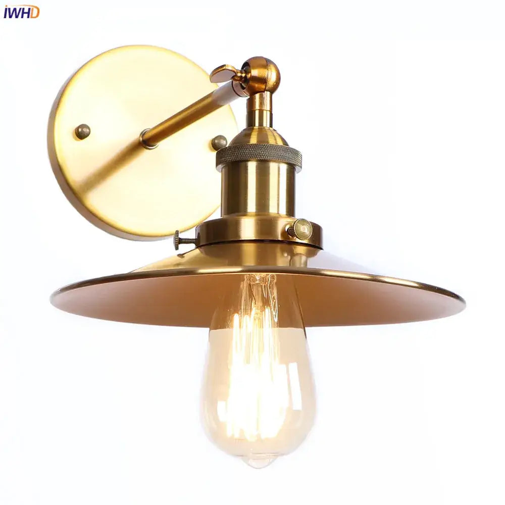 Brass-finished decorbites antique gold rustic wall lamp with wide flat shade and exposed filament bulb for industrial decor