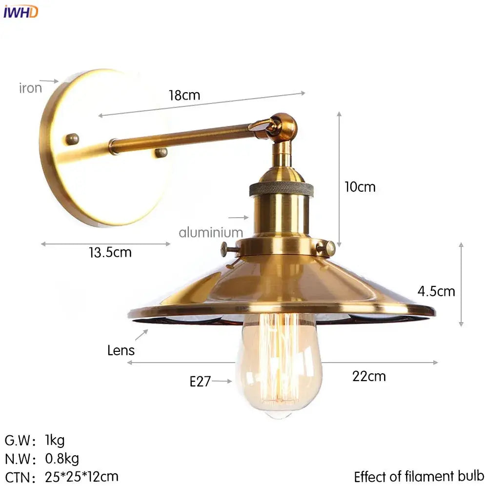 Brass-finished decorbites antique gold wall lamps with conical shade and exposed filament bulb for rustic industrial decor