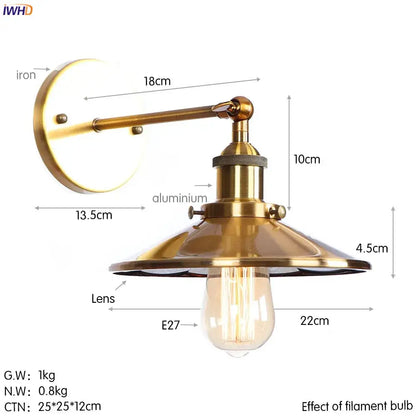 Brass-finished decorbites antique gold wall lamps with conical shade and exposed filament bulb for rustic industrial decor