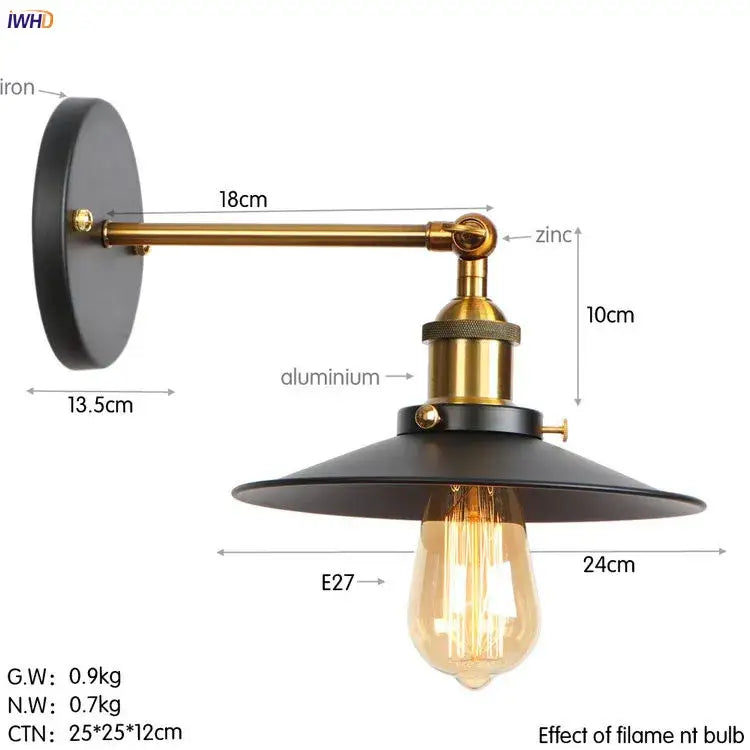 Industrial-style DecorBites antique gold rustic wall lamps with black iron, brass zinc arm, and matte black conical shade